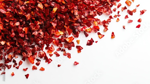 A bright and fiery pile of crushed red chili flakes, scattered loosely against a white background, perfect for spicy food themes photo