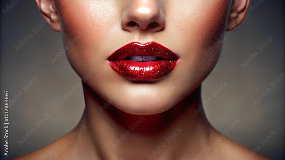 Fototapeta premium A close-up portrait of a woman's face showcasing captivating red lips with a hint of shimmer, capturing the essence of beauty and allure.