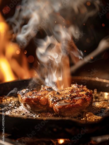 Sizzling Grilled Steak in Cast Iron Skillet with Flames and Smoke, Perfectly Seared for a Juicy and Flavorful Meal photo