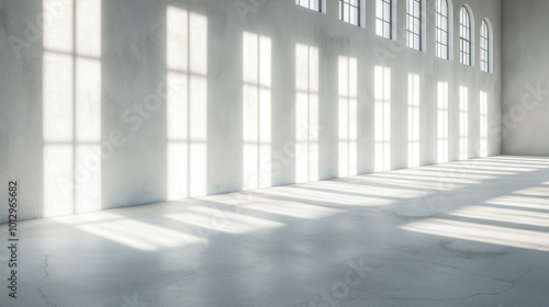 Spacious room with tall windows casting soft light and long shadows on the floor, creating a peaceful and minimalistic atmosphere.