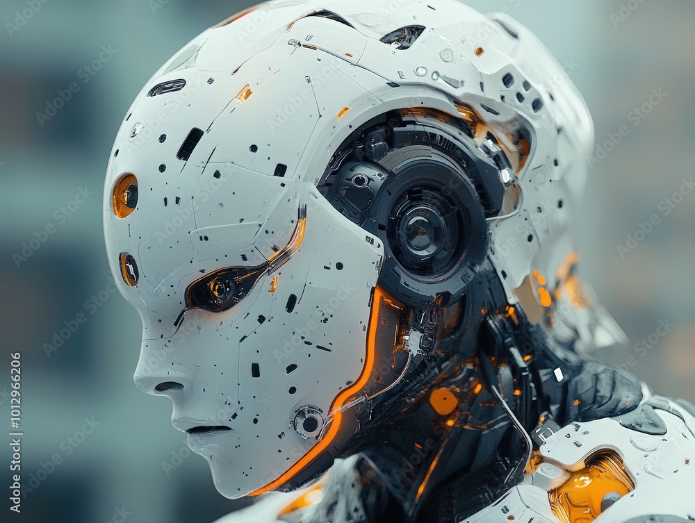 A detailed close-up of a futuristic robot showcasing advanced technology and a sleek design, perfect for sci-fi themes. A detailed close-up of a futuristic robot showcasing advanced technology and a sleek design, perfect for sci-fi themes.