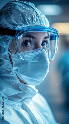 A focused healthcare worker in protective gear, conveying the importance of safety and dedication in a medical environment.