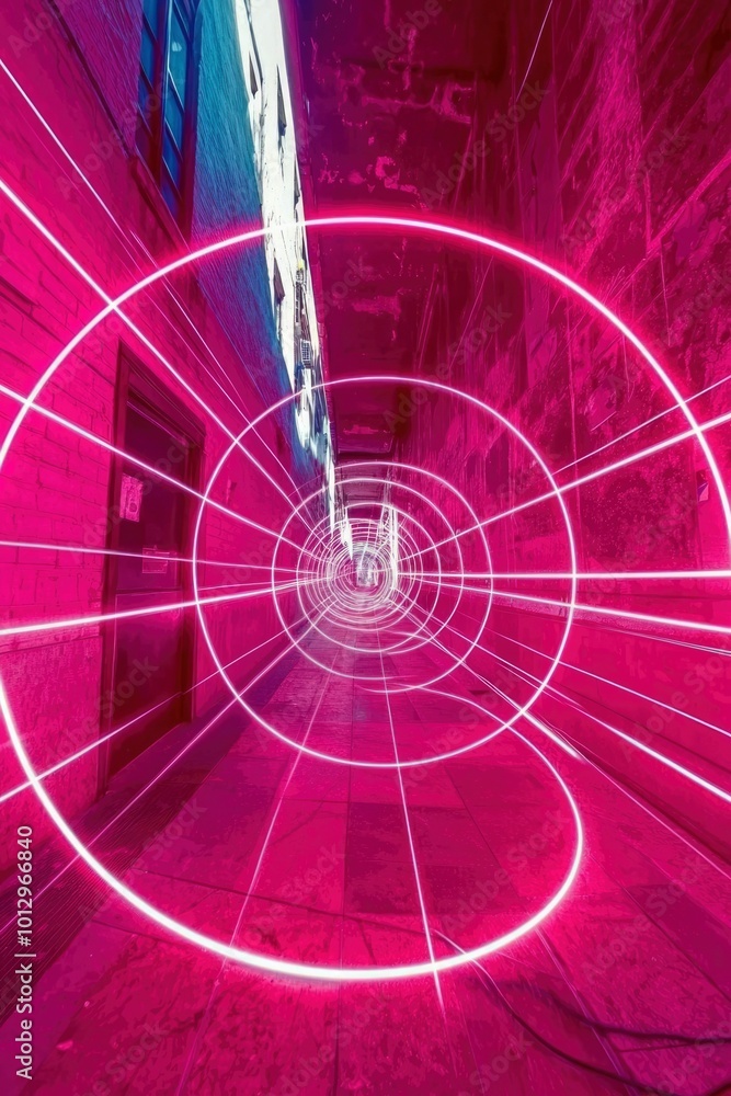 Pink and White Neon Lights Create a Spiral Pattern in a Brick Alleyway Pink and White Neon Lights Create a Spiral Pattern in a Brick Alleyway