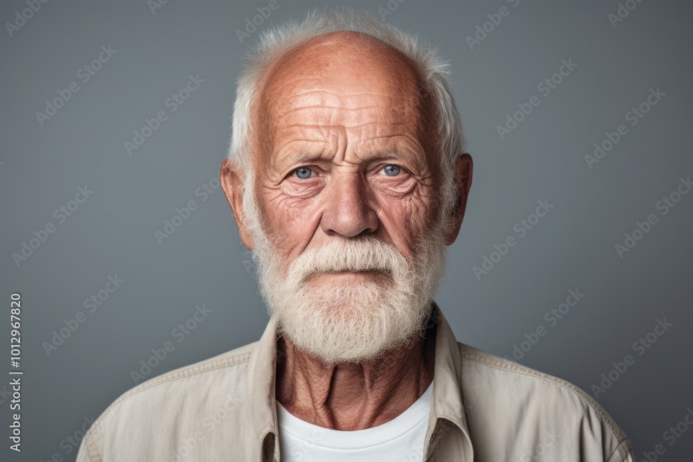 Portrait of an old man with white beard and mustache. Isolated on grey background. Portrait of an old man with white beard and mustache. Isolated on grey background.