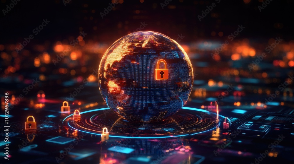 A 3D globe surrounded by digital lock icons, symbolizing worldwide data protection. Room for copy in the background. A 3D globe surrounded by digital lock icons, symbolizing worldwide data protection. Room for copy in the background.