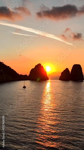 Alba tra i Faraglioni di Capri. Golfo di Napoli, Italia.
Ripresa aerea del sole che sorge tra i faraglioni di Capri all'alba di un nouvo giorno. photo