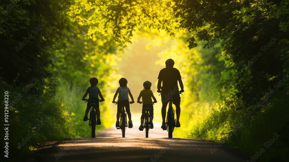 Family Biking Together on a Tree-Lined Pathway Family Biking Together on a Tree-Lined Pathway