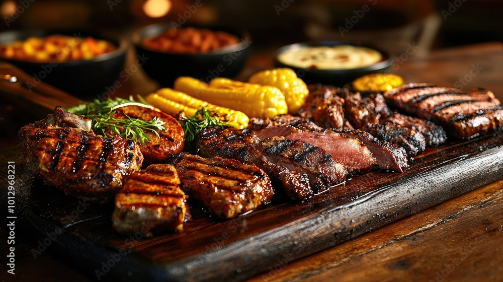Grilled Meats and Vegetables Selection on Wooden Platter Grilled Meats and Vegetables Selection on Wooden Platter