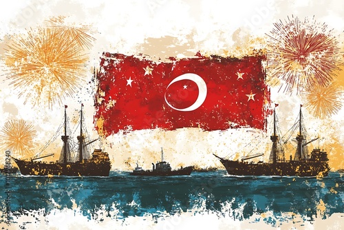 Turkish flag and an old boat in the background photo