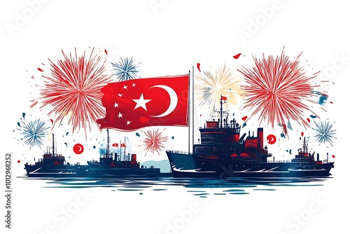 Turkish flag and an old boat in the background photo