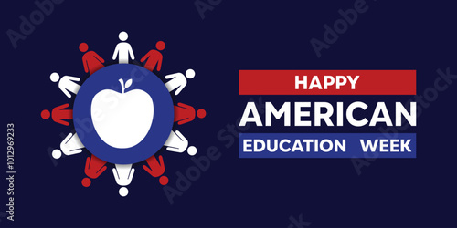American Education Week. People and apple. Great for cards, banners, posters, social media and more. Dark blue background.