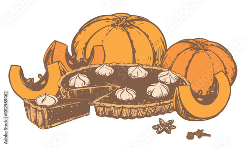 Autumn pumpkin pie with whipped cream. Traditional baking for Thanksgiving and Halloween. Vector illustration in hand sketch style. Ink drawing of a piece of pie and whole pumpkins.