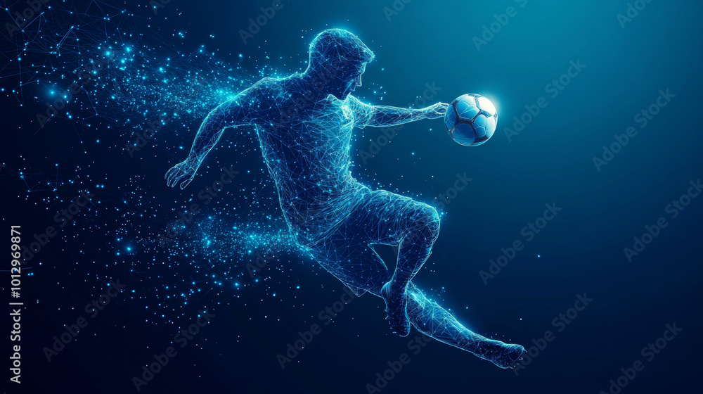 An abstract wireframe silhouette of a soccer player depicted in motion as he strikes the ball. The player is constructed from triangles and particles, emphasizing the dynamic form and athleticism of t An abstract wireframe silhouette of a soccer player depicted in motion as he strikes the ball. The player is constructed from triangles and particles, emphasizing the dynamic form and athleticism of t