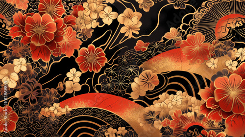豪華な赤と金の花々が彩る和風デザイン - 日本伝統模様の華やかなイラスト