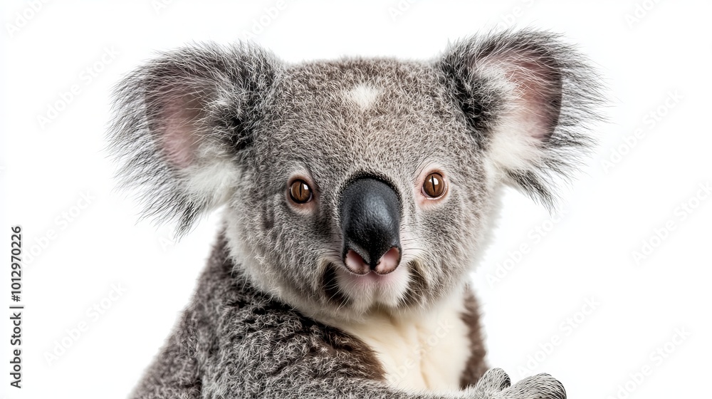 Fototapeta premium The koala, a cute and cuddly Australian animal, loves to climb trees and eat leaves. This photo shows a koala looking right at the camera, against a plain white background.
