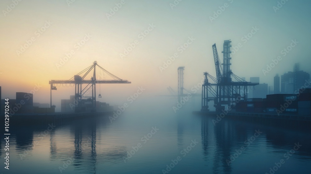 Foggy port with cranes and shipping containers at sunrise, creating a serene industrial scene Foggy port with cranes and shipping containers at sunrise, creating a serene industrial scene