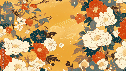 華やかな花々と扇が彩る和風デザイン - 日本伝統模様の美しいイラスト