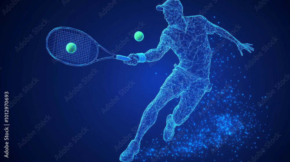 An abstract wireframe silhouette of a tennis player composed of triangles and particles, depicted in motion as he hits a tennis ball. The player is captured in a dynamic pose, showcasing athleticism a