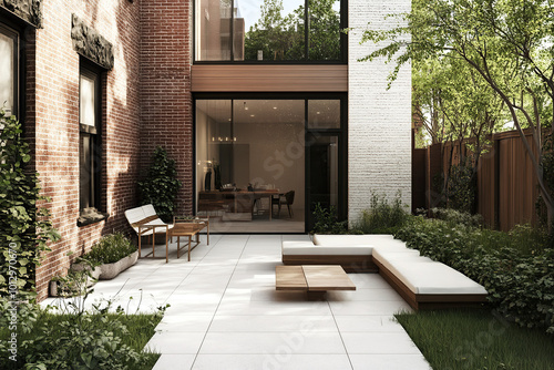 A simple and elegant design for an outdoor patio in the backyard of a townhouse on Hall Street, New York, with brick walls and glass windows, white floor tiles, minimalist furniture, and wooden bench.