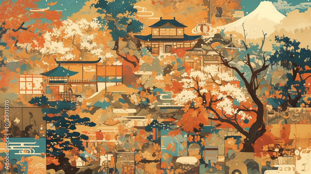 富士山と寺院が彩る四季折々の風景 - 日本の伝統美を描いた和風イラスト 富士山と寺院が彩る四季折々の風景 - 日本の伝統美を描いた和風イラスト