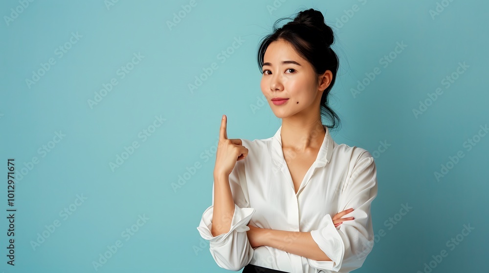 Asian woman presenting and pointing with copy space against a light blue background, showcasing beauty, confidence, and elegance Asian woman presenting and pointing with copy space against a light blue background, showcasing beauty, confidence, and elegance