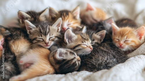 A group of kittens peacefully sleeping in a cozy pile, their eyes closed and expressions calm. The scene exudes tranquility and warmth, making it a perfect fit for themes related to pets, comfort, and photo