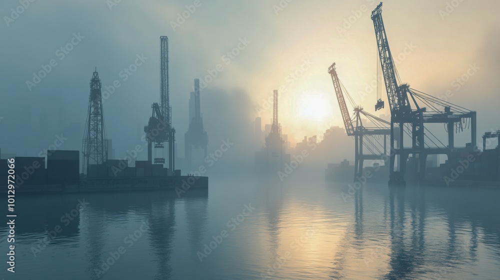 Obraz premium Industrial harbor cranes at sunrise with foggy skyline reflecting on the water