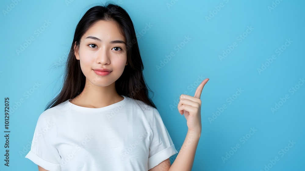 Asian woman presenting and pointing with copy space against a light blue background, showcasing beauty, confidence, and elegance Asian woman presenting and pointing with copy space against a light blue background, showcasing beauty, confidence, and elegance