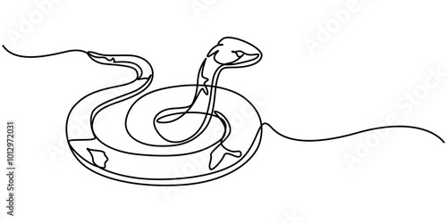 Snake continuous one line art hand drawing symbol. Poisonous reptile serpent outline, wildlife nature concept, Decoration continuous line hand drawing sign for 2025 year calendar, presentation, poster
