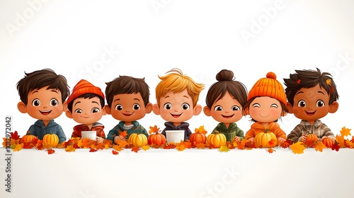 Children enthusiastically crafting Thanksgiving handprint turkeys and autumn leaf garlands, colorful 3D vector style