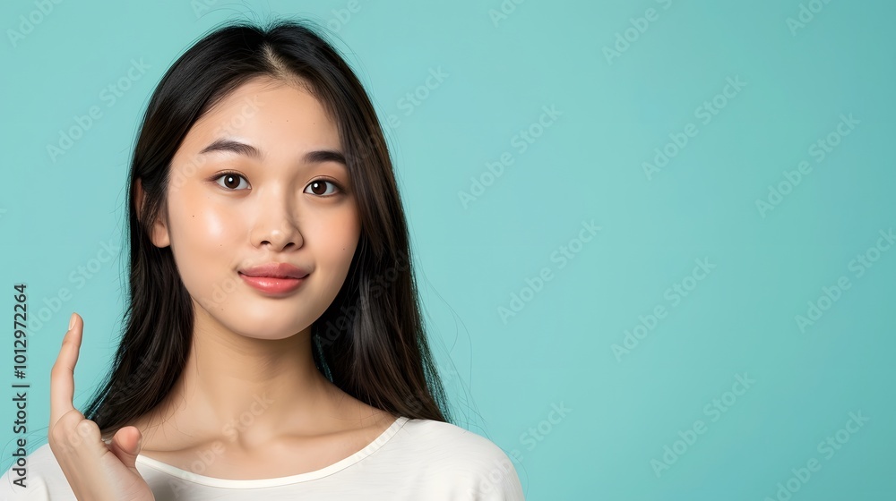 Asian woman presenting and pointing with copy space against a light blue background, showcasing beauty, confidence, and elegance Asian woman presenting and pointing with copy space against a light blue background, showcasing beauty, confidence, and elegance