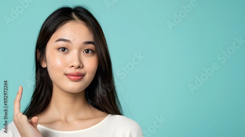 Asian woman presenting and pointing with copy space against a light blue background, showcasing beauty, confidence, and elegance