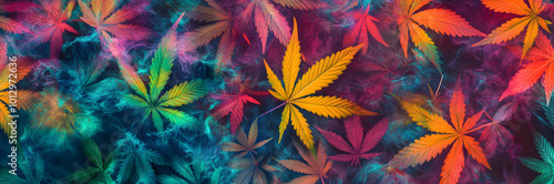 A digital artwork featuring a colorful display of cannabis leaves in a repeating pattern with a smoky effect