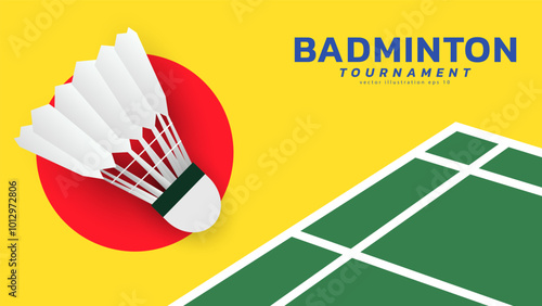 Badminton racket with white badminton shuttlecock on white line on green background badminton court indoor badminton sports wallpaper with copy space , illustration Vector EPS 10