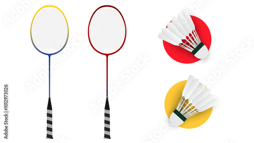 Badminton racket with white badminton shuttlecock on white background badminton court indoor badminton sports wallpaper with copy space , illustration Vector EPS 10