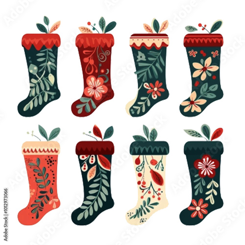 Festive Christmas Stockings with Decorative Floral Patterns and Seasonal Greenery in Traditional Holiday Colors photo