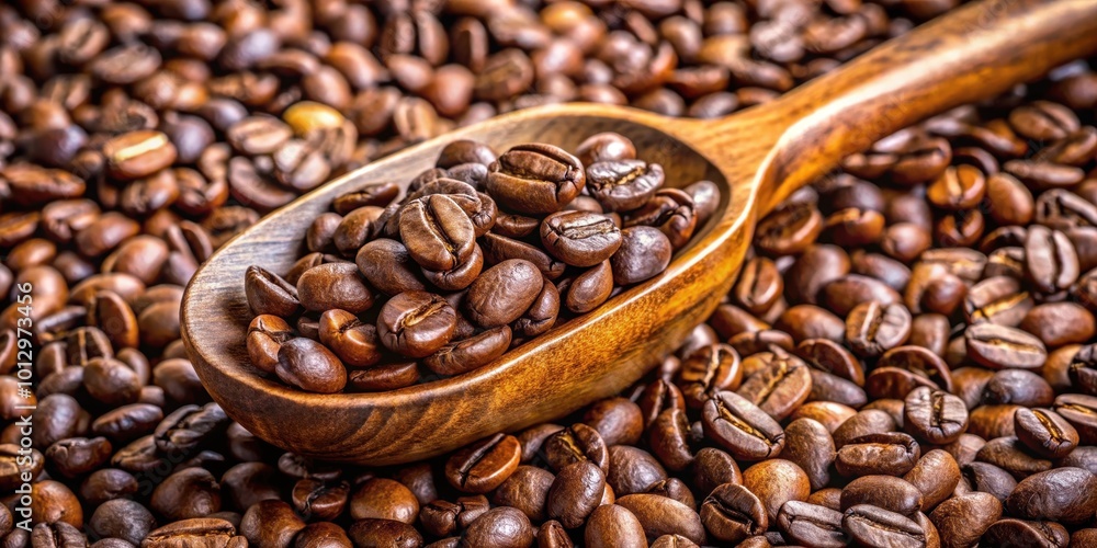 Fototapeta premium Roasted Coffee Beans in a Wooden Spoon, a Close Up with Rich Brown Tones and Intricate Details