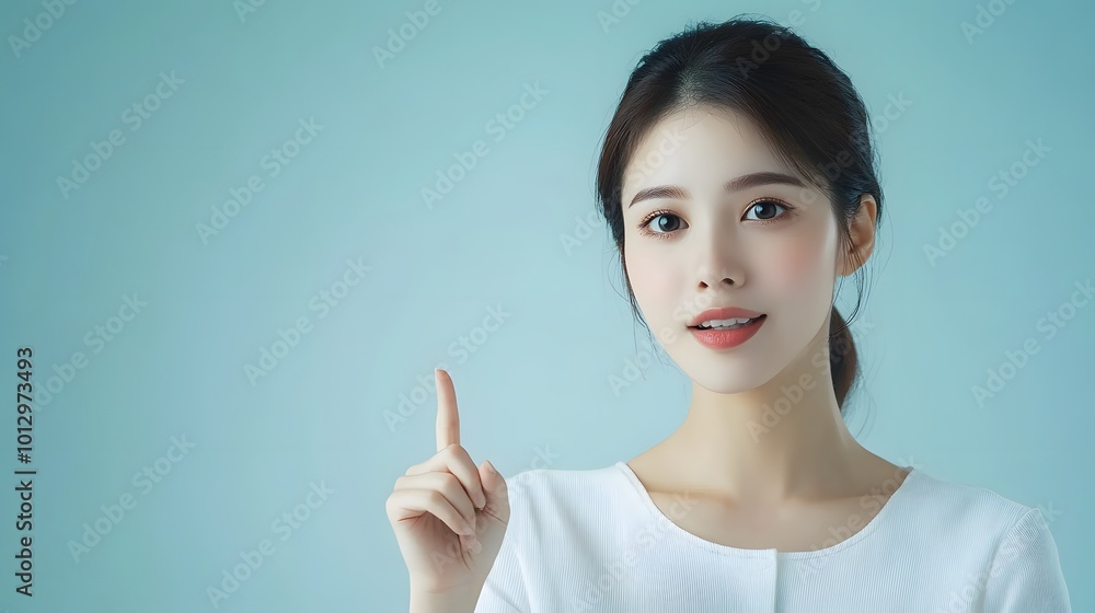 Asian woman presenting and pointing with copy space against a light blue background, showcasing beauty, confidence, and elegance Asian woman presenting and pointing with copy space against a light blue background, showcasing beauty, confidence, and elegance