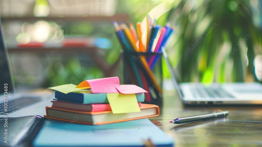 Books and Laptop with Sticky Notes on a Desk Books and Laptop with Sticky Notes on a Desk