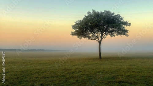 Lone tree in foggy meadow at dawn showcasing nature's serenity and tranquility