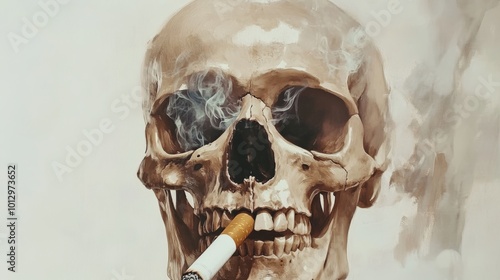 A human skull holding a cigarette in its teeth with smoke gently rising into the light background. The skeletal features and the smoke create a blend of morbidity and symbolism, evoking thoughts of photo