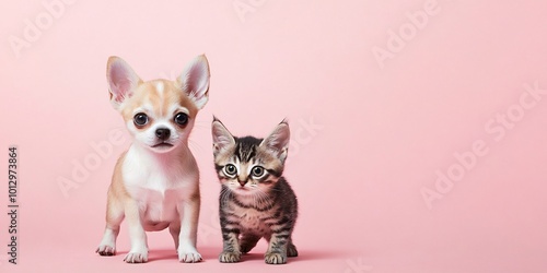 Cute chihuahua puppy and kitten on pink background.