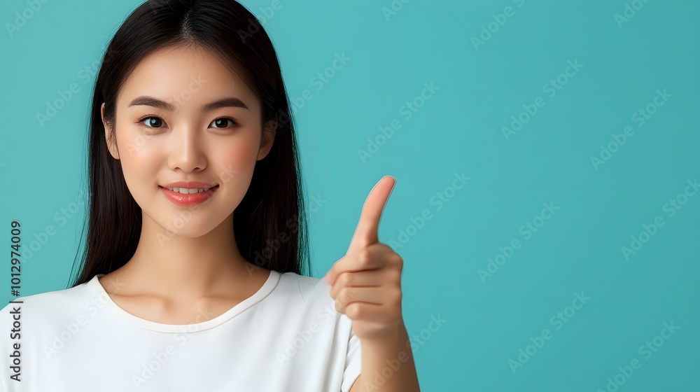 Asian woman presenting and pointing with copy space against a light blue background, showcasing beauty, confidence, and elegance Asian woman presenting and pointing with copy space against a light blue background, showcasing beauty, confidence, and elegance