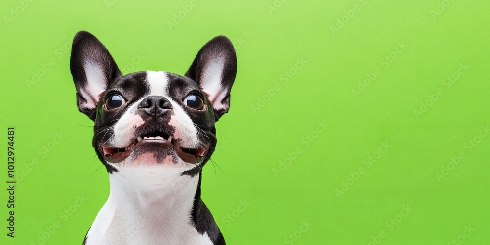 Curious French bulldog looking up against green background. Curious French bulldog looking up against green background.