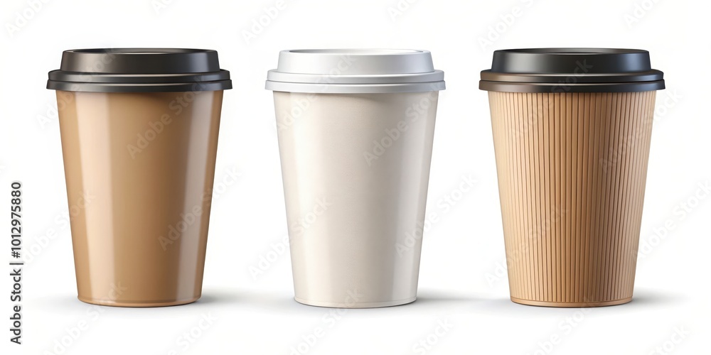 Three Disposable Coffee Cups with Black Lids, One Brown, One White, and One Brown with Vertical Grooves Three Disposable Coffee Cups with Black Lids, One Brown, One White, and One Brown with Vertical Grooves