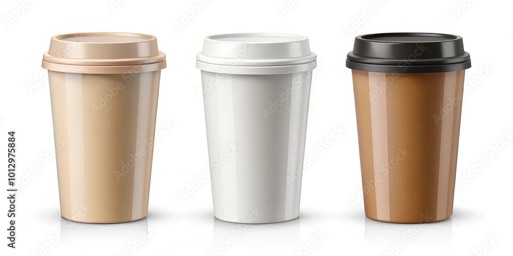 Three disposable paper cups with lids in beige, white, and brown, isolated on white background Three disposable paper cups with lids in beige, white, and brown, isolated on white background