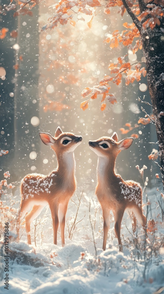 Enchanting Winter Scene with Two Adorable Fawns in Snowy Forest Enchanting Winter Scene with Two Adorable Fawns in Snowy Forest
