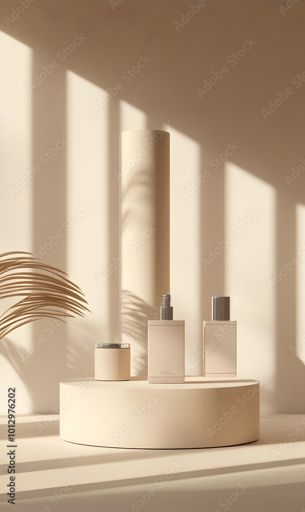 68. An aesthetically pleasing 3D display featuring a beige podium and a sleek cylinder backdrop, designed as a stage for luxury cosmetic items, with gentle shadows enhancing the minimal design