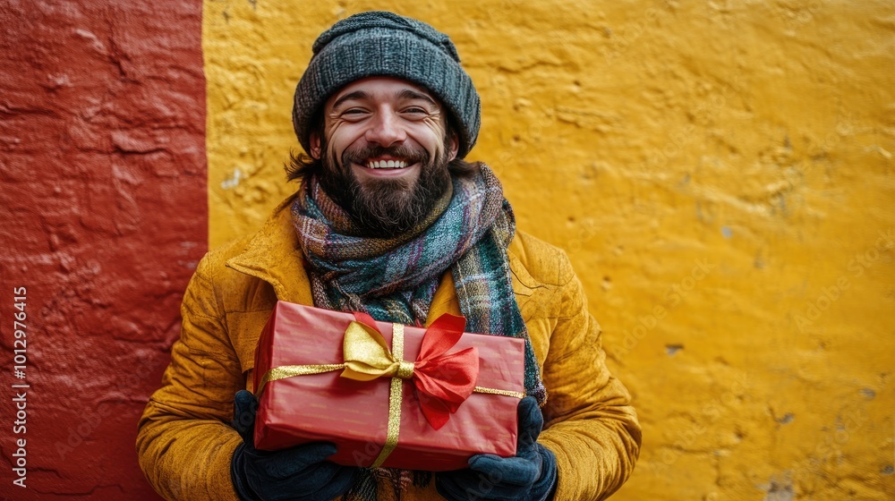 Smiling Man Holding Gift Against Vibrant Yellow and Red Wall Smiling Man Holding Gift Against Vibrant Yellow and Red Wall