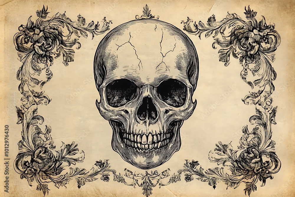 Fototapeta premium Skull with peonies or roses flowers. Hand drawn vintage vector Dotwork Illustration.
